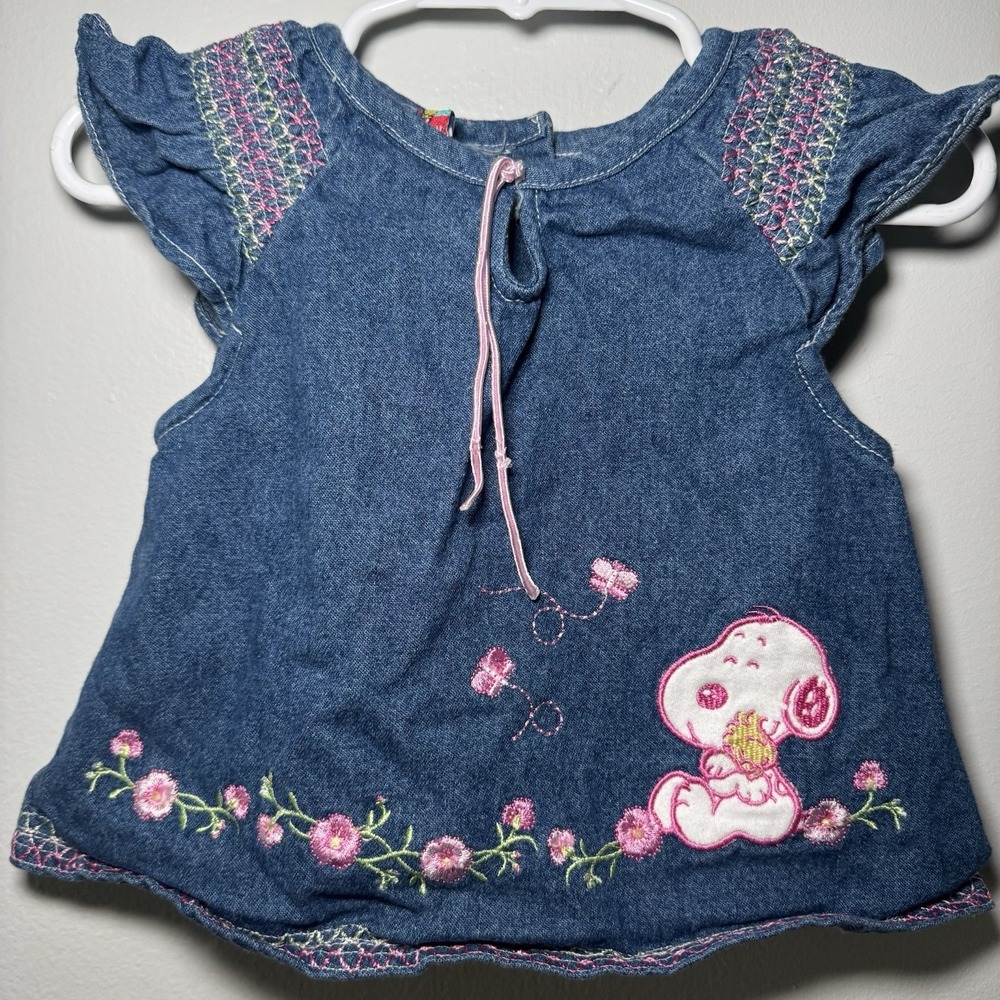 VTG Baby Snoopy Girl's Denim Overall Jumper Dress Embroidery Sz 12 Months